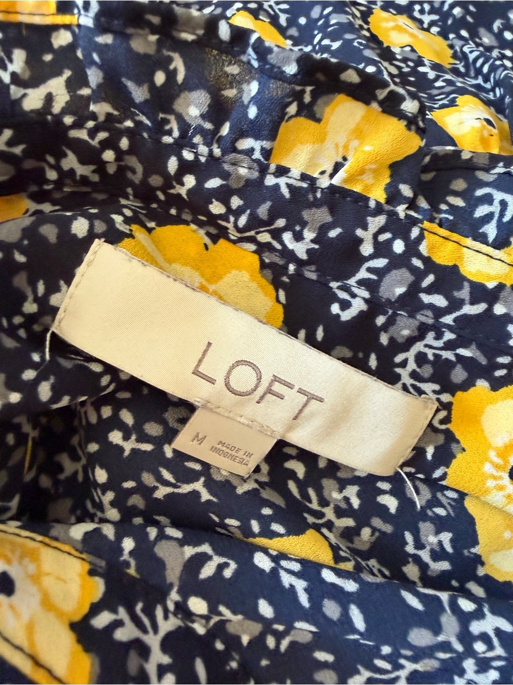 LOFT Navy Floral Ruffle Cap-Sleeve Blouse - Yellow Flower Print Medium - Picture 9 of 10